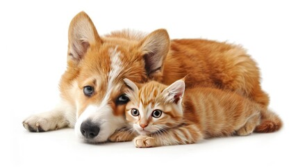 Obraz premium Affectionate corgi puppy and fluffy red kitten bonding on white background. Sweet pet companionship.