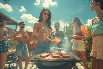 Group of friends having barbecue party in backyard