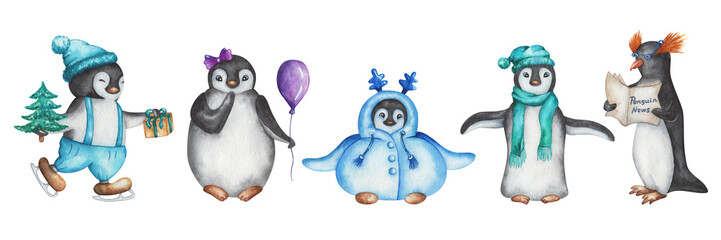 Penguin set. Watercolor illustration. Hand painted cute cartoon penguins in hat, pants, with fir tree, present box, balloon, ice skates. Baby penguin. Marine bird. Isolated clip art for Christmas