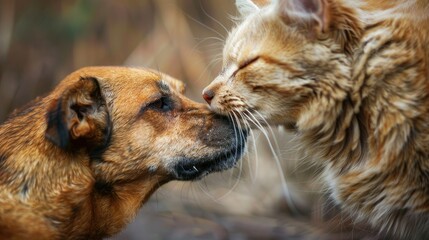Affectionate dog and cat grooming each other with care, showcasing their nurturing and loving pet relationship.