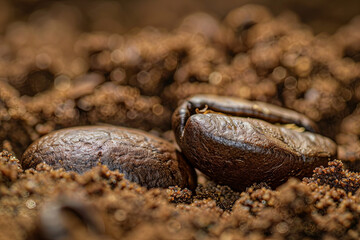 Fototapeta premium Closeup of two coffee beans at roasted coffee heap. Coffee bean on macro ground coffee background. Arabic roasting coffee - ingredient of hot beverage