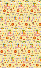 Obraz premium Groovy retro seamless vector pattern. Pattern includes roller skates, flowers, hearts, cherries, UFO, lettering, sun, psychedelic.