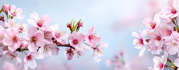 Fototapeta premium Semi close-up of blooming cherry blossoms, pink petals against blue sky, natural elegance, more clarity with clear light and sharp focus, high detailed
