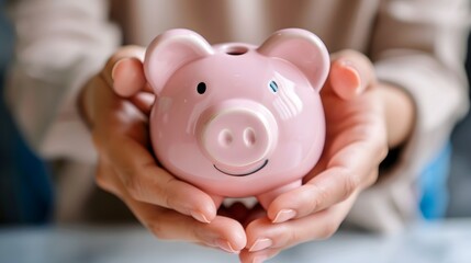 A woman holding a piggy bank takes a photo with a clear face and blurred background.