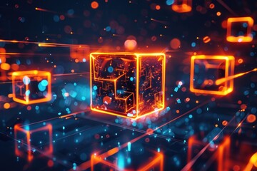 orange and blue glowing logo with three large cube shapes in the foreground on a dark background with light