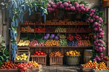 Colorful fruit and vegetable stand decorated with flowers at the farmers market
