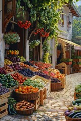 Fototapeta premium Outdoor european farmers market displaying fresh and colorful fruits and vegetables