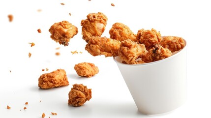 Crispy fried chicken pieces flying out of a paper bucket, isolated on white background with a clipping path, showcasing mouth-watering appeal