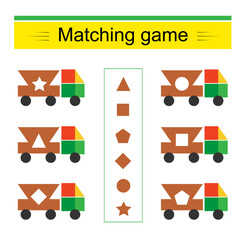 Matching game. Task for the development of attention and logic. Vector illustration of the cartoon truck.