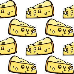 Vector seamless pattern with hand drawn pieces of delicious cheese. Ink drawing, graphic style. Beautiful food design elements. Perfect for prints and patterns