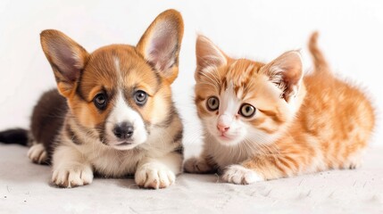 Curious corgi puppy and red kitten exploring together on a white backdrop. Cute and playful pet interaction.