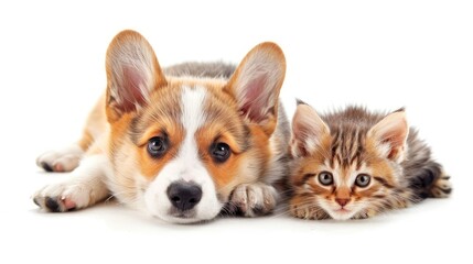 Obraz premium Cute corgi puppy and red kitten enjoying each other's company on a white backdrop. Adorable pet pair