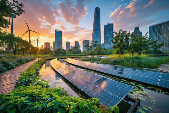 Solar panels and wind turbines in a green urban park with a city skyline at sunset, representing sustainable energy solutions. 