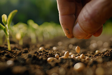 Hand growing seeds on sowing soil. Background with copy space. Agriculture, organic gardening, planting or ecology concept. Sustainable business investment. Gospel spreading