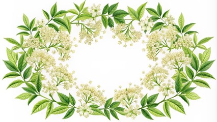 Fototapeta premium Delicate elderflower branches with Sambucus nigra black elderberry flowers and leaves in a round frame, whimsical vector illustration.
