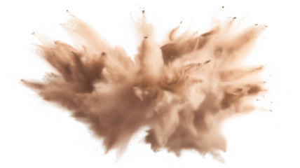 Dry Soil explosion with dirt and cloud smoke. Isolated on white background. Dirty ground abstract spread with flying particles