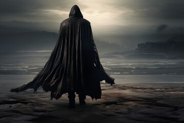 Man in black death costume standing in front of a grunge wall