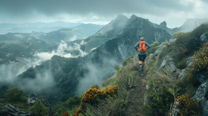 During the run through the challenging trail, the trail runner remains committed to moving forward, never forgetting to appreciate the beauty of nature that propels him onward.