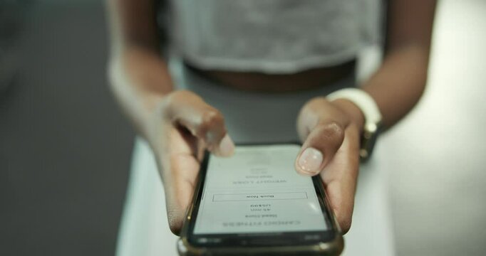 Phone screen, fitness and hands at gym on app to scroll for exercise, workout or training plan closeup. Smartphone, sport and person on website at health club for online information or registration
