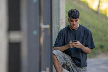 young man or teenager with mobile phone in summer on the street