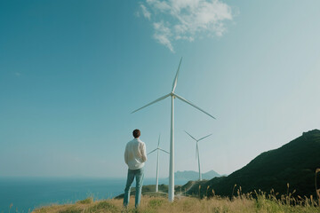 A man stands on a hill near the sea, looking at multiple wind turbines under a clear blue sky, symbolizing renewable energy. 