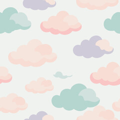 A seamless pattern featuring colorful clouds on a white background
