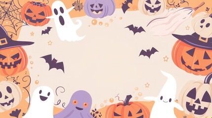 Halloween-themed background with smiling pumpkins, friendly ghosts, and cheerful witches in pastel colors, ideal for text placement