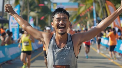 A marathon runner is crossing the finish line with his arms raised, displaying a joyful expression of achievement. Along the sidelines, a large crowd of supporters is gathered