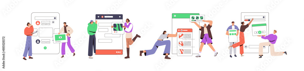 Poster ux ui designers concept set. people create design of mobile app interface. team builds prototypes of
