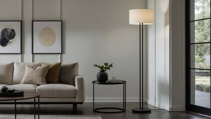 Fototapeta premium A sleek minimalist floor lamp with a slim black metal