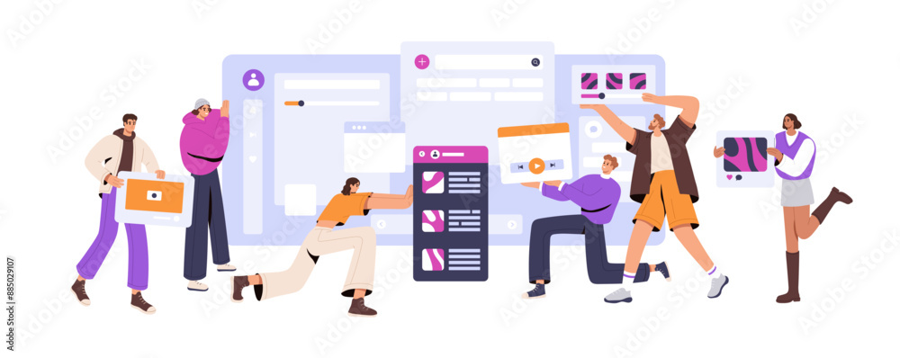 Poster designers team creates web app interface together. concept of teamwork in ux ui design processes. pe