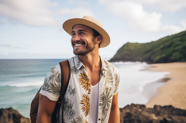 A man with a backpack and hat smiling happily on a beach. The sunny day and ocean waves in the background highlight the joy and relaxation of a beach vacation