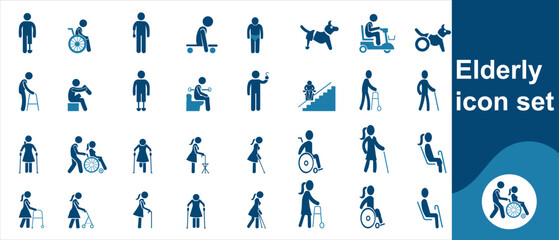  Disabled and elderly icon set, includes icons of cane, wheelchair, disabled and elderly people.