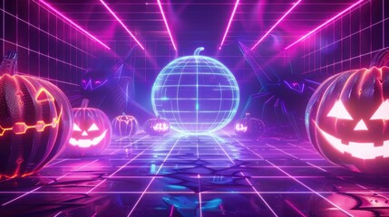 Obraz premium Halloween-themed background with holographic pumpkins, digital ghosts, and futuristic spider webs in a cyberpunk aesthetic, ideal for text placement