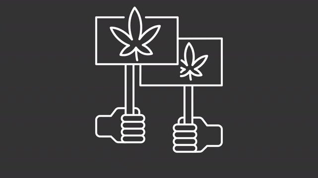 Cannabis law white line animation. Legalization boycott animated icon. Moving protest boards. Social movement. Isolated illustration on dark background. Transition alpha video. Motion graphic