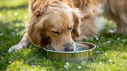 Golden retriever dog drinking water from the silver bowl, outdoor green grass park, lawn and meadow
