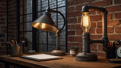 A rugged industrial style desk lamp made from metal