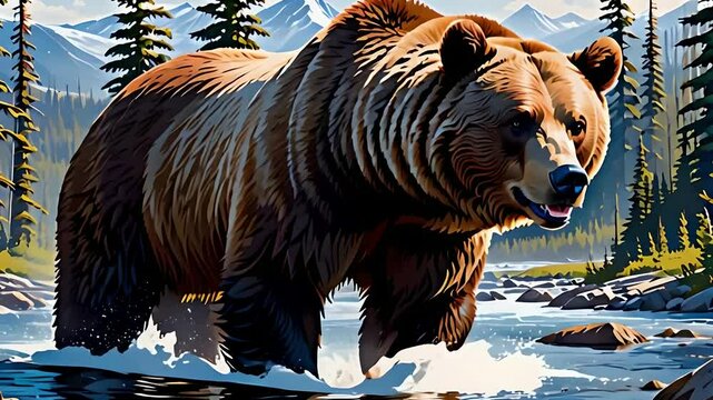 brown bear in the water. brown bear. vector grizzly bear wilderness majesty stunning