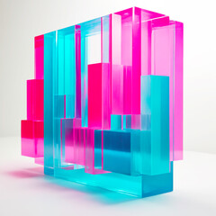 Bright geometric abstraction with pink and turquoise lighting. Glass cubes. Wallpaper