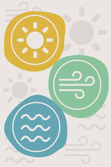 abstract renewable energy vector icons of sun, wind and water in pastel colors