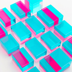 Bright geometric abstraction with pink and turquoise lighting. Glass cubes. Wallpaper