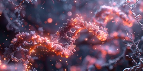 High-Resolution Macroscopic View of DNA Strands with Glowing Highlights and Intricate Cellular Backgrounds Abstract and Realistic Microscopic DNA and Cell Art