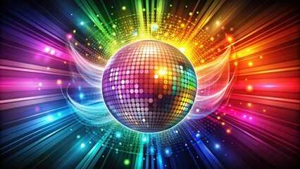 Fototapeta premium Vibrant retro-inspired dance party poster featuring a stylized rainbow-colored disco ball, swirling shapes, and flashing lights on a dark background with funky textures.