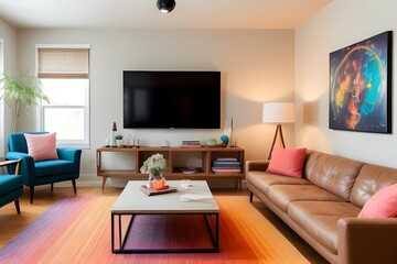 a stylish living room decorated with both vintage and modern decor and furniture,  eclectic, retro, contemporary, antique, chic, designer, fusion, cozy, retro, statement, trendy, elegant, unique
