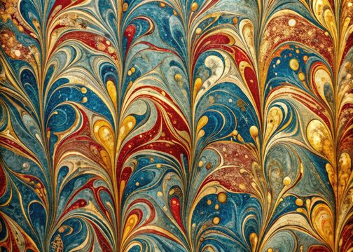 Vintage marbled endpapers of an antique book showcase intricate swirling patterns in shades of blue, gold, and red, set against a backdrop of worn, aged textures.