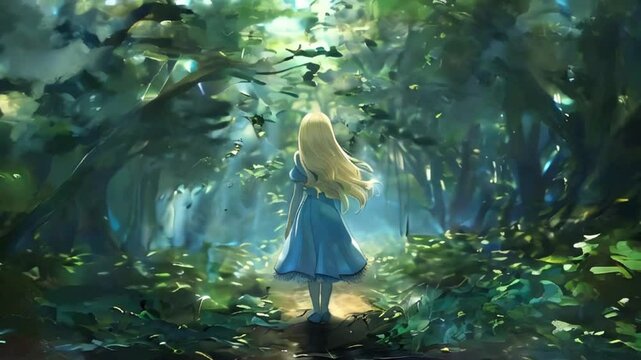 Alice in Wonderland Standing in a Sunlit Forest. Fantasy Art of a Girl in a Woodland Environment.