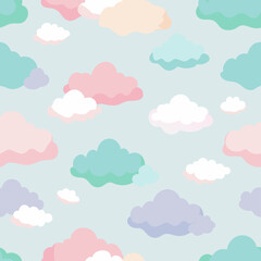 A vibrant seamless pattern of multicolored clouds against a blue backdrop