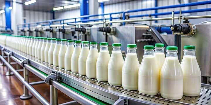 Freshly filled bottles of milk move along a conveyor belt, ready for packaging, with a blurred background of a modern dairy processing facility.