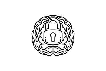 Brain And Locked Padlock Icon Vector illustration. Outline Sign. Isolated Contour Symbol. symmetric line style. isolated on white background.