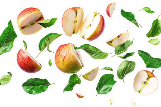 Fresh red apples with green leaves falling in mid-air, isolated on black background.